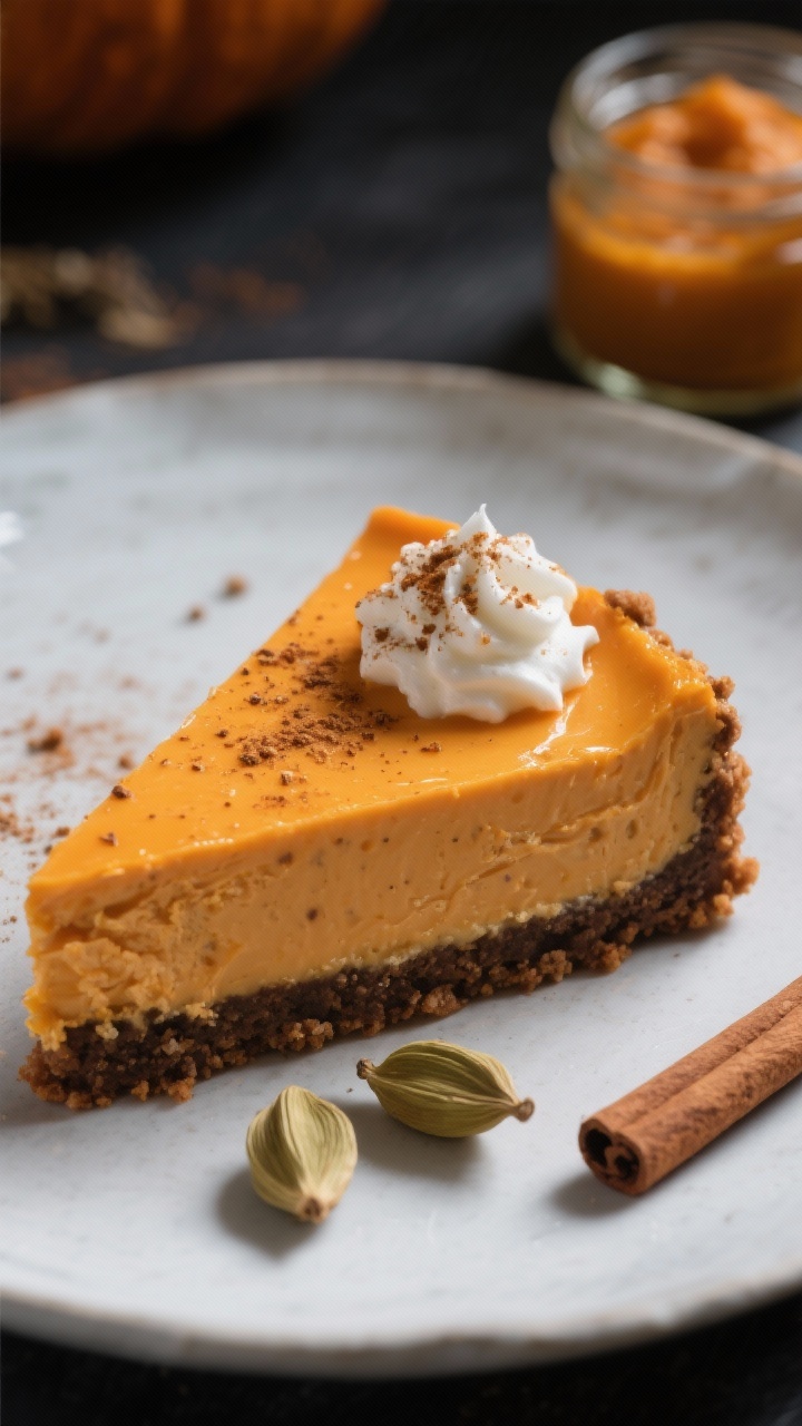 A 45-degree close-up of a Chai-Spiced Pumpkin Cheesecake with a gingersnap crust: velvety pumpkin-orange cheesecake slice on a matte white plate, speckled with chai spices (cinnamon, cardamom, ginger, clove) and capped with a glossy, barely set top. The gingersnap crust looks dark and craggy with buttery sheen. Garnish with a dollop of softly whipped cream dusted with chai spice, a couple of whole cardamom pods and a cinnamon stick nearby, and a small jar of pumpkin puree in soft focus. Warm, moody lighting to emphasize creamy texture and spice.