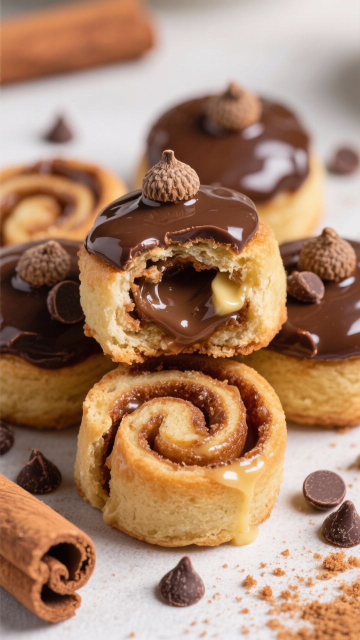 A close-up, straight-on shot of cinnamon roll acorn bites with glossy chocolate caps and contrasting semisweet and milk chocolate chips, the swirled cinnamon roll interiors visible where one bite is broken open; a few bites are brushed with softened butter to show sheen; scatter extra chocolate chips and cinnamon sugar crumbs for texture; tight framing to emphasize gooey cinnamon layers and shiny chocolate tops.