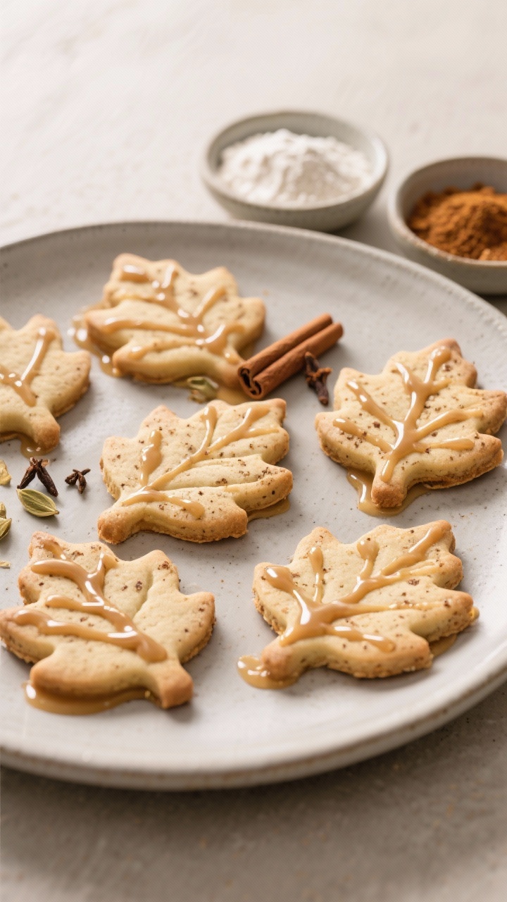 A plated, 45-degree angle shot of chai-spiced leaf cutout sugar cookies arranged on a matte ceramic platter, crisp edges and visible specks of cinnamon, ginger, cardamom, and cloves; some cookies are drizzled with a thin maple glaze that pools slightly at the edges; include a small dish of all-purpose flour, baking powder, salt, and the chai spice blend in pinch bowls; neutral backdrop with soft daylight to highlight the warm spice tones and glossy glaze.