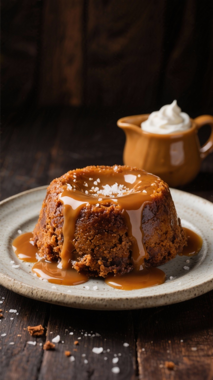 A straight-on, moody dessert shot of Sticky Toffee Pumpkin Pudding drenched in warm caramel sauce: individual pudding on a small stoneware plate, pumpkin-spice brown crumb glistening, rivers of glossy caramel cascading down the sides and pooling at the base. A small pitcher of extra caramel in the background, a sprinkle of flaky sea salt on the caramel for sparkle, and a dollop of softly whipped cream just starting to melt. Rich, dark wood backdrop, tight focus on the sticky, saucy texture for maximum decadence.