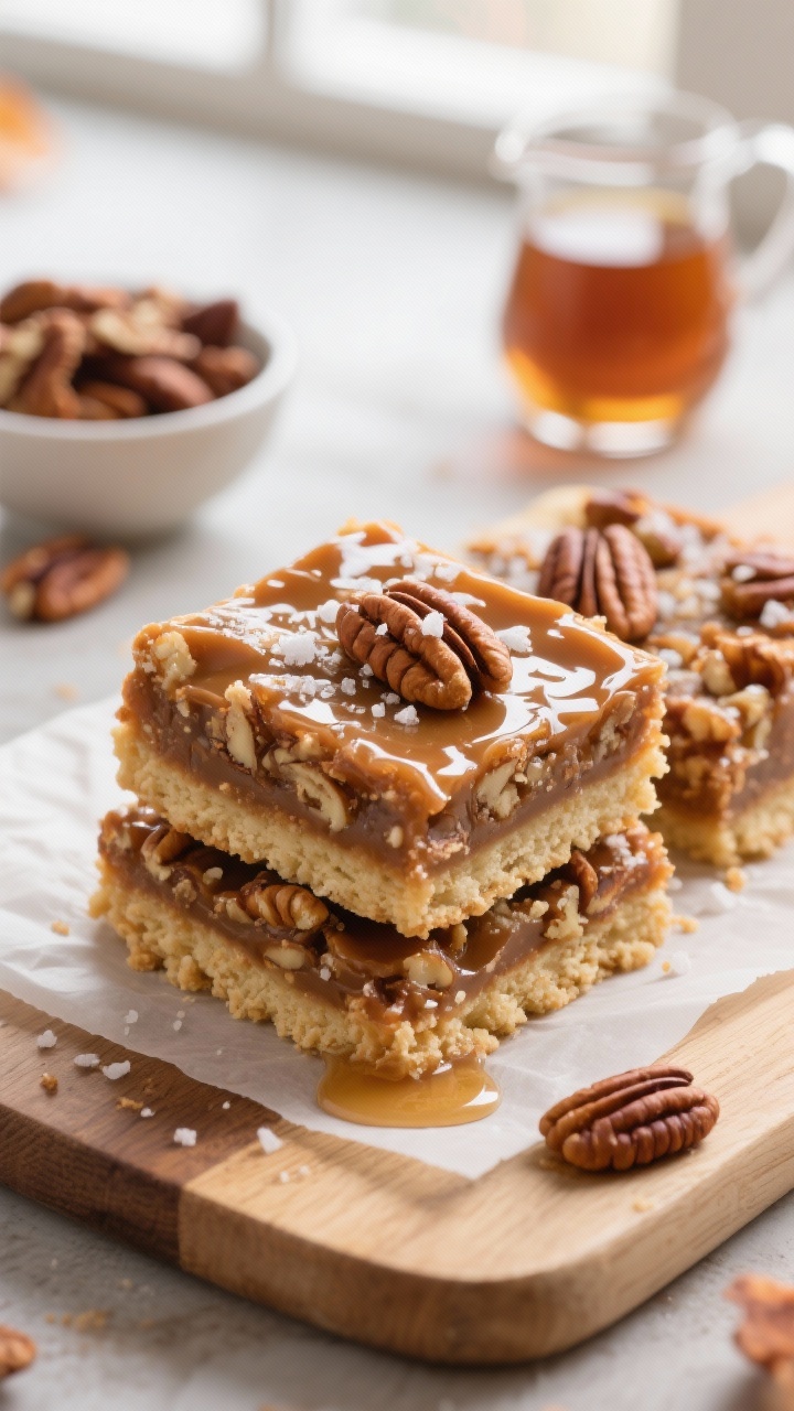 A straight-on plated presentation of Maple Pecan Pie Bars With Salted Shortbread: neat squares stacked on a parchment-lined cutting board, showcasing glossy maple-pecan filling packed with toasted pecans over a crumbly salted shortbread base. Drizzle of maple syrup glistening on top, visible sea salt flakes catching the light, and a small bowl of extra pecans and a maple syrup pitcher in the background. Autumnal warm tones, crisp edges in focus to highlight the layered textures, soft window light for a bakery-fresh feel.
