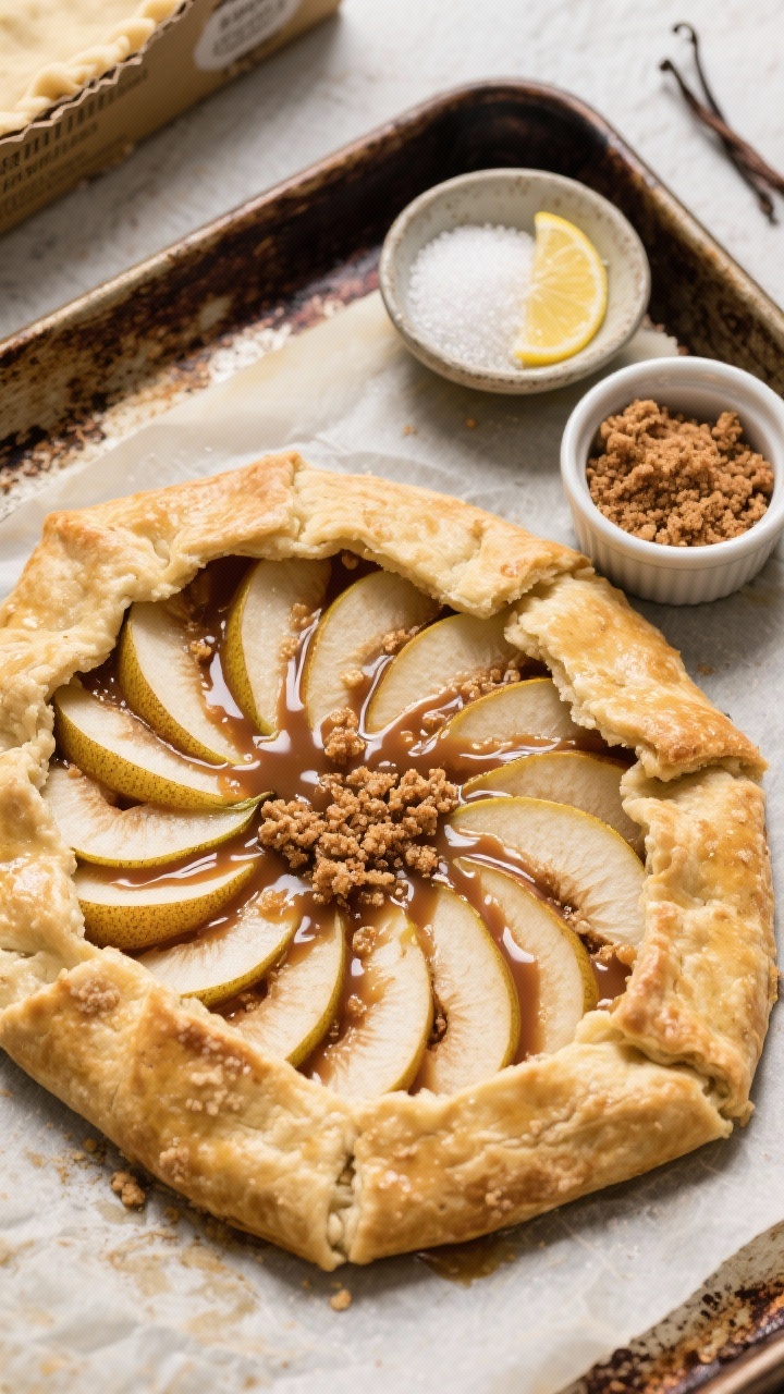 An overhead flat lay of a rustic caramel pear galette on parchment, edges folded over thinly sliced Bosc/Anjou pears, bubbling caramel peeking through, finished with a brown sugar streusel; include the store-bought pie dough box edge, a small bowl of granulated sugar, lemon juice, vanilla extract, and a ramekin of brown sugar streusel off to the side; golden, flaky crust with pear fan pattern centered, photographed on a worn baking sheet for warmth and authenticity.