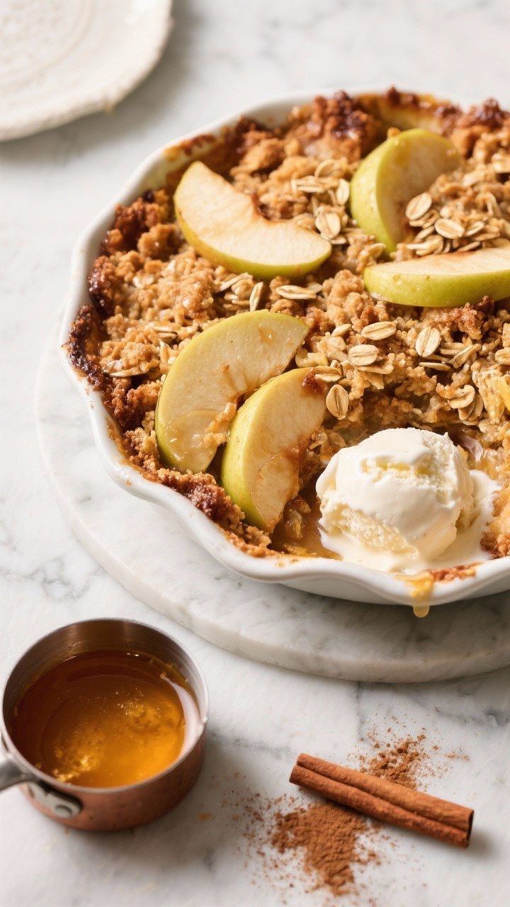 An overhead shot of a warm Brown Butter Apple Crisp just out of the oven: tart apple slices (Honeycrisp and Granny Smith mix) visibly tender and glossy from lemon juice, granulated and light brown sugar, and speckled with ground cinnamon, bubbling beneath a golden cinnamon-oat crumble. Include a small saucepan of browned butter with nutty browned milk solids, a dusting of cinnamon on the marble surface, and a scoop of melting vanilla ice cream starting to pool into the crisp’s nooks for an irresistible, cozy fall mood. No people, professional food styling, shallow depth of field to emphasize the crumbly texture.