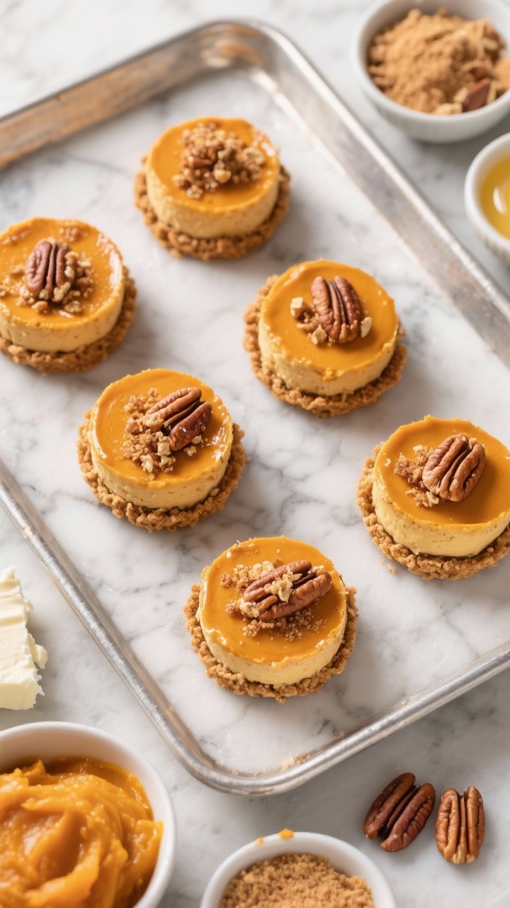 An overhead shot of mini maple pumpkin cheesecakes on a cool marble surface, each in a graham cracker–pecan crust with a glossy maple-sweetened pumpkin cheesecake filling, topped with a crunchy pecan brown sugar sprinkle; include small bowls showing graham cracker crumbs, finely chopped pecans, light brown sugar, melted unsalted butter, softened cream cheese, and pumpkin purée as styled ingredients around the tray; warm, autumnal color palette with soft side lighting and crisp textures emphasized.
