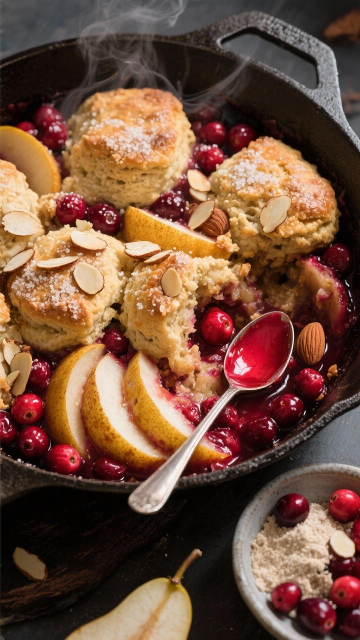 An overhead skillet scene of Pear and Cranberry Cobbler with Almond Biscuit Topping: cast-iron skillet filled with ruby cranberries and golden pear slices peeking through rustic almond biscuit mounds, biscuit tops sprinkled with sliced almonds and coarse sugar. A spoon rests beside with jewel-toned cranberry juices staining it, and a small bowl of raw almond flour and fresh cranberries off to the side to hint at ingredients. Steam rising, high-contrast fall colors (deep reds, amber pears, toasted almond tan), crisp, appetizing crumb detail.