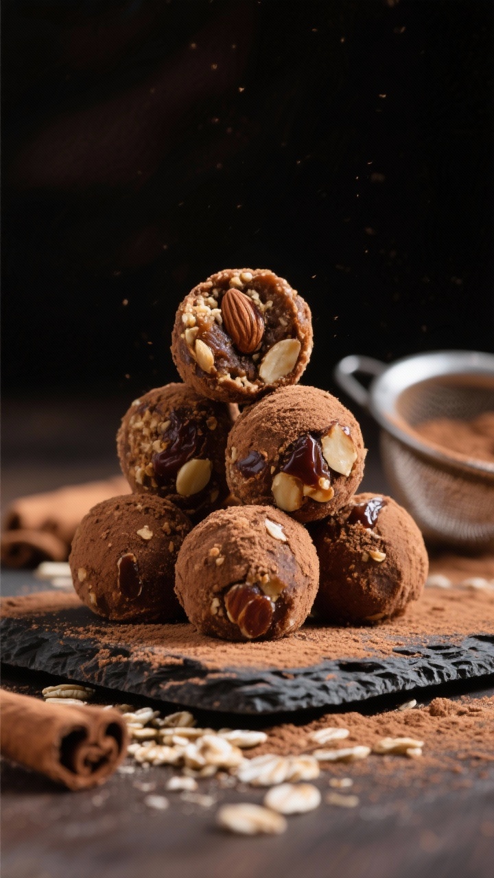 Close-up macro of gingerbread energy bites: round, truffle-like bites rolled in a light cocoa dust, showcasing a moist interior studded with ground Medjool dates, raw almonds (or cashews), rolled oats, almond butter, and a ribbon of molasses, flecks of warm spices visible; arranged in a staggered pyramid on a slate board with a small sieve dusting cocoa in the background, rich moody lighting for snack-now, dessert-later appeal.