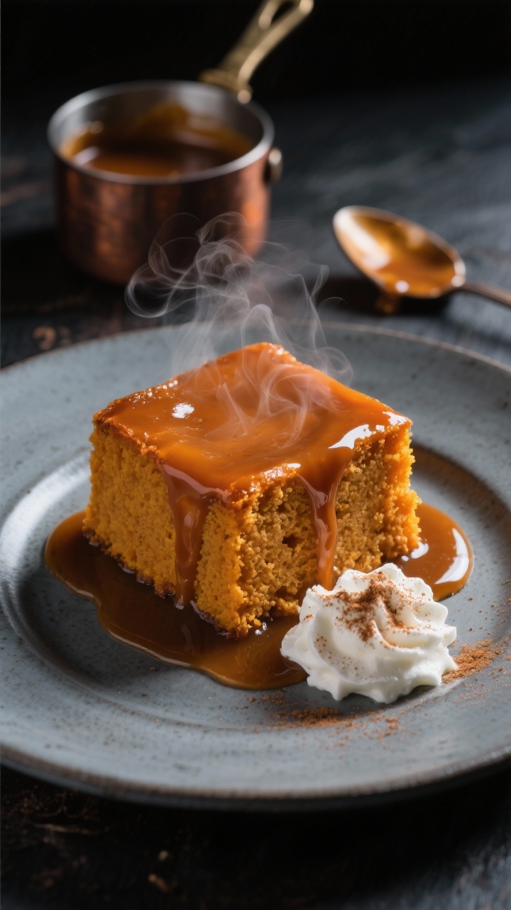 Close-up plated presentation of sticky toffee pumpkin pudding: a moist, amber-hued square of pumpkin sponge drenched in a glossy warm toffee sauce cascading down the sides, soft steam rising; served on a matte ceramic plate with a small pool of sauce and a dollop of lightly whipped cream dusted with cinnamon; background includes a small saucepan of toffee sauce and a spoon with sticky drips, deep moody lighting to enhance richness and shine.