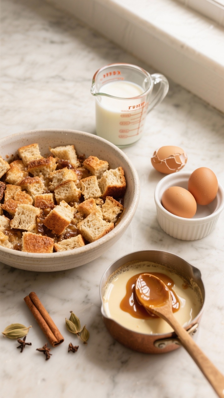 Cozy ingredient-prep flat lay for Caramelized Maple Chai Bread Pudding (gluten-free): 3/4-inch cubes of day-old gluten-free bread in a large mixing bowl, a measuring cup of milk, small pitcher of heavy cream, three cracked eggs in a ramekin, and a small saucepan of bubbling maple caramel infused with chai spices (cinnamon sticks, cardamom pods, cloves). Warm-toned marble surface, wooden spoon with caramel drizzle trail. Natural window light highlighting creamy custard and glossy caramel, evoking comfort and indulgence.