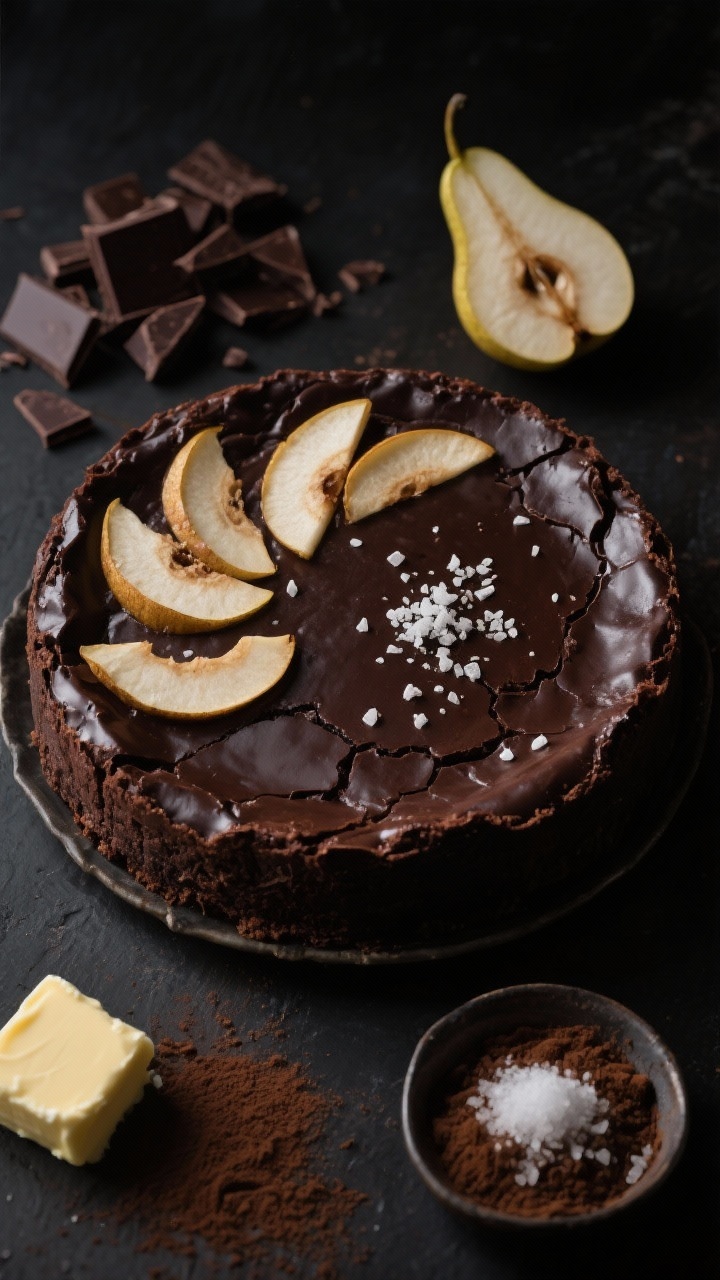 Dramatic overhead shot of a Flourless Dark Chocolate Pear Torte with espresso salt: glossy, deeply dark torte dusted lightly with Dutch-process cocoa, thin fanned pear slices baked into the surface, and a pinch of flaky espresso sea salt scattered on top. Surround with key ingredients: chopped dark chocolate pieces, a pat of butter, a small heap of instant espresso powder, and a pinch bowl of fine sea salt. Moody chiaroscuro lighting to accent crackled surface and rich, fudgy density.