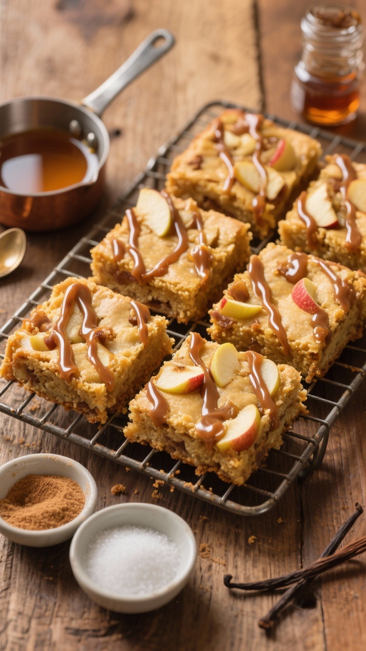 Overhead cut-square composition of chewy apple pie blondies on a cooling rack: glossy cinnamon–maple drizzle zigzagging across golden blondies studded with tender apple pieces; edges chewy with a slight crackle from brown sugar; props include a small saucepan with browned butter, a jar of maple syrup, and a spoon coated with drizzle; visible ingredients callouts—light brown sugar, granulated sugar, vanilla extract—styled in small pinch bowls; warm wood surface, tight depth of field to emphasize fudgy interior.