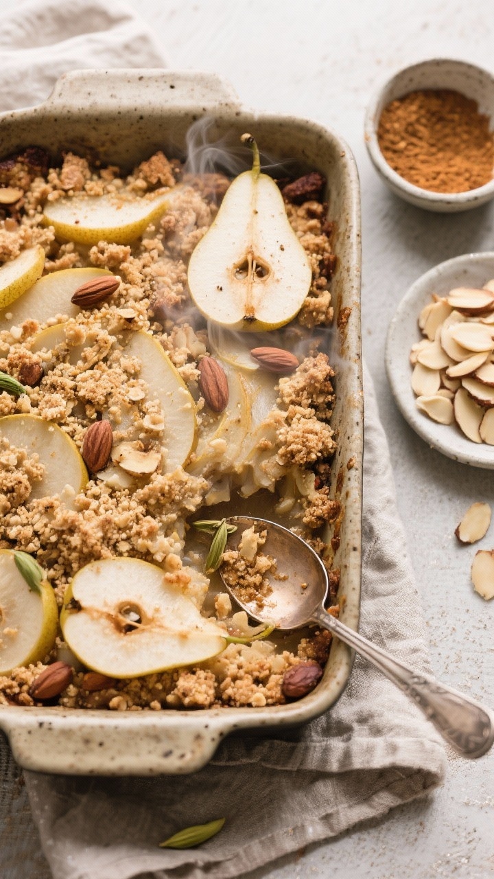 Overhead ingredient-to-assembly shot of chai-spiced pear crisp in a rustic baking dish: thinly sliced ripe pears tossed with visible chai spice (cardamom, cinnamon, ginger) speckles, topped with coarse almond streusel crumbles. A small bowl of chai spice blend and a dish of sliced almonds sit to the side; a spoon trails through the crisp revealing juicy spiced pears beneath. Neutral linens, steam subtly rising, crunchy topping texture highlighted.