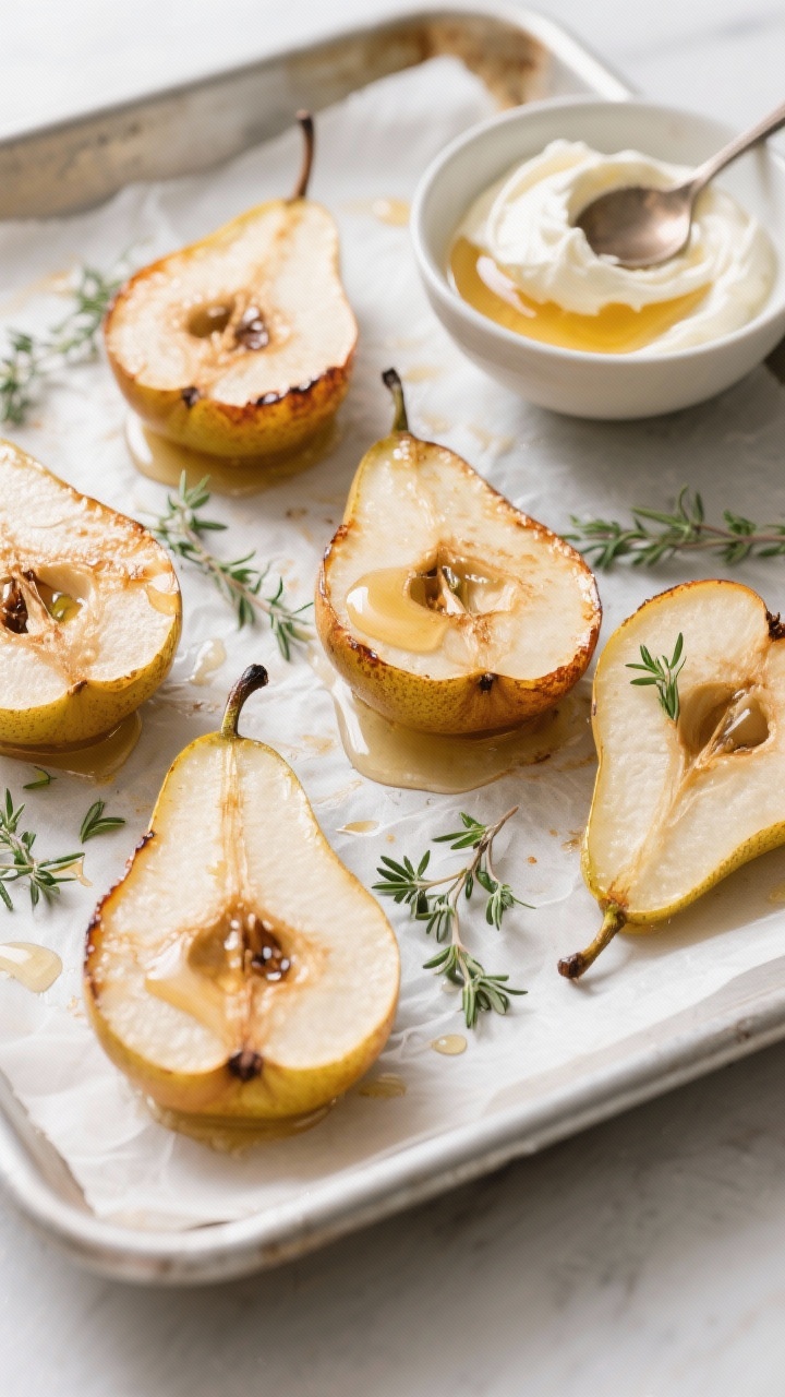 Overhead ingredient-to-final transition on a parchment-lined sheet pan: halved Bosc/Anjou pears, cored and brushed with melted unsalted butter and honey, speckled with fresh thyme leaves, ready to roast; on the side, a small bowl of vanilla mascarpone (mascarpone whipped with vanilla extract) with a spoon trail, extra honey for finishing; after-roast pears shown on the same tray with caramelized edges and thyme sprigs, a drizzle of honey glistening; clean, minimal styling, natural light.