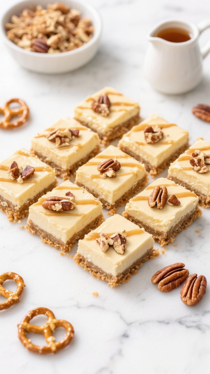 Overhead ingredient-to-finish composition for maple pecan cheesecake bars with salty pretzel crust: a grid of neatly cut bars showing creamy maple-tinted cheesecake layer atop a visibly coarse, golden-brown pretzel and butter crust; chopped toasted pecans scattered on top with a light maple drizzle; surrounding scene includes a bowl of crushed pretzels, a small pitcher of maple syrup, and a handful of pecan halves; clean, bright lighting on a white stone surface to emphasize contrast and texture.