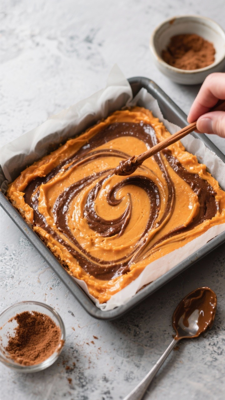 Overhead process shot of cinnamon-swirl sweet potato blondies: batter spread in a parchment-lined square pan, the rich orange sweet potato base (sweet potato mash, maple syrup, melted coconut oil or butter, egg or flax egg) marbled with a dark cinnamon-sugar swirl being dragged with a skewer into ribbons; small bowls with leftover cinnamon mixture and a spoon smeared with batter, on a cool stone surface, soft directional light highlighting glossy batter swirls.