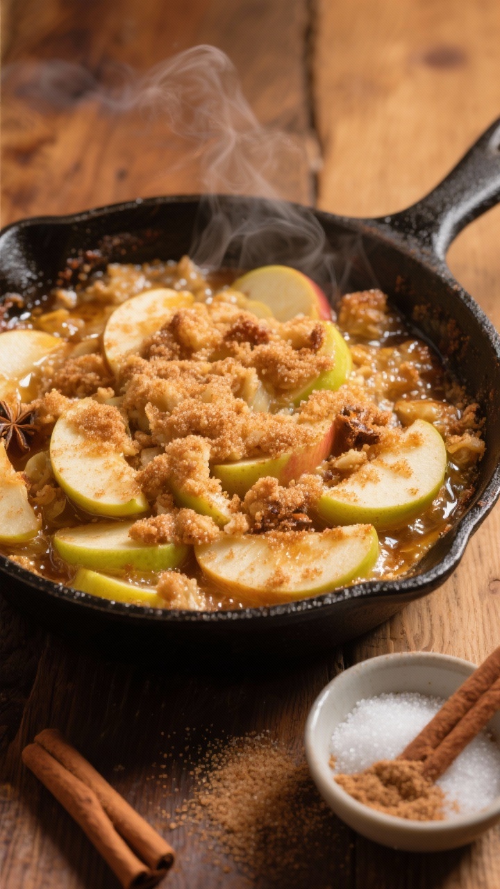 Overhead shot of a bubbling cinnamon-sugar apple crisp just out of the oven in a cast-iron skillet: thin slices of Honeycrisp/Granny Smith apples tossed with lemon juice, granulated sugar, 2 teaspoons ground cinnamon and a hint of nutmeg, juices glossy and caramelized at the edges, a golden, craggy cinnamon-sugar topping catching light; a small bowl of extra granulated sugar and a sprinkle of ground cinnamon nearby on a warm-toned wooden surface, steam visible, autumn mood, no people.