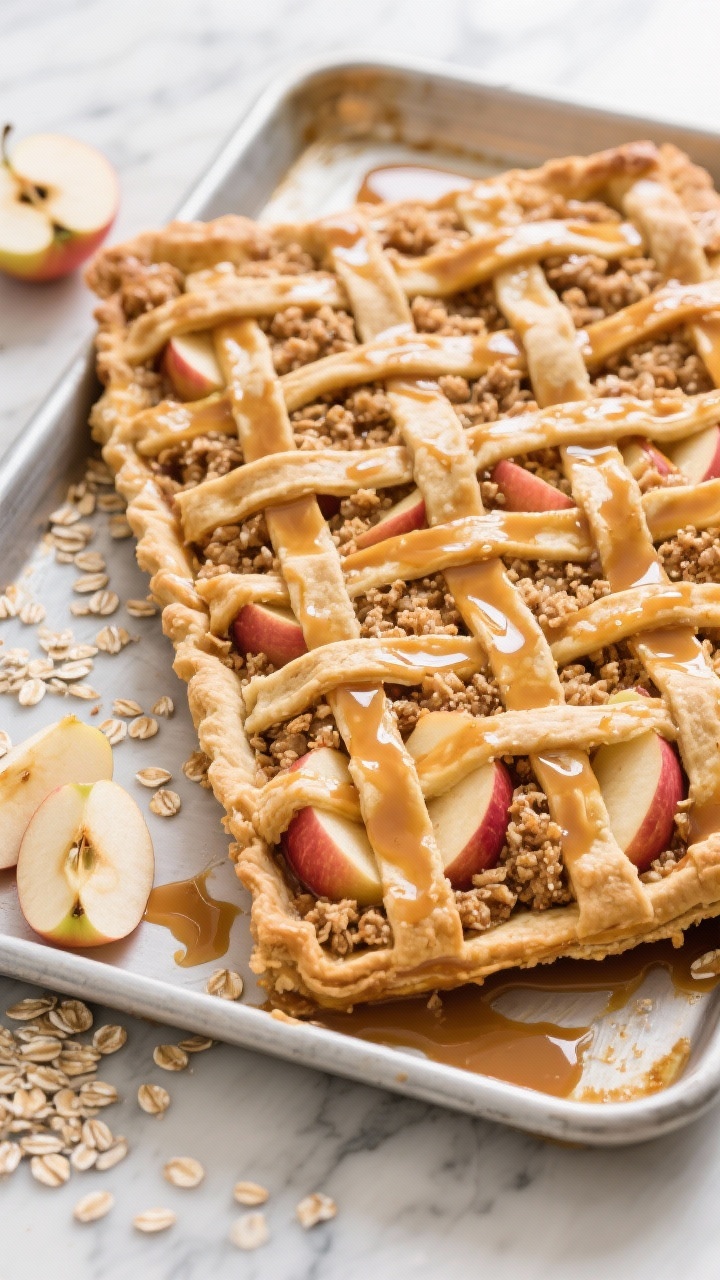 Overhead shot of a golden caramel apple slab pie on a rimmed sheet pan, lattice of refrigerated pie crust peeking through a toasted, crunchy oat crumble. Visible 1/4-inch slices of Honeycrisp and Pink Lady apples glisten with bubbling caramelized juices, with granulated and light brown sugar caramel pools at the edges. Scattered raw oats and a few peeled apple slices on the marble surface for context, warm autumn tones, crisp textures, no people, professional studio light.