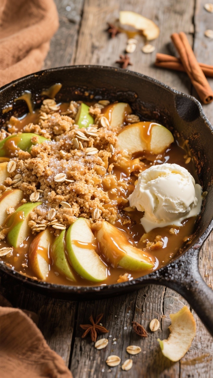 Overhead shot of a rustic cast-iron skillet caramel apple crumble just out of the oven: peeled and sliced Granny Smith and Honeycrisp apples bubbling in a glossy caramel made from unsalted butter, brown sugar, and granulated sugar, with visible flecks of ground cinnamon, nutmeg, and a hint of salt; golden, crunchy crumble topping with toasty oats and sugar crystals; warm autumn tones, drips of caramel on the skillet edge, a scoop of melting vanilla ice cream off to the side, styled on a worn wooden table with cinnamon sticks and apple peels scattered for texture.