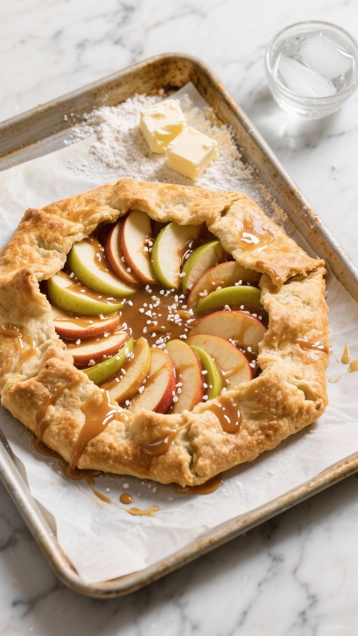 Overhead shot of a rustic salted caramel apple galette on a parchment-lined sheet pan: golden, craggy all-butter crust folded over fanned slices of Honeycrisp and Granny Smith apples, juices bubbling at the edges, glossy ribbons of salted caramel drizzled over the fruit, a sprinkle of flaky sea salt catching the light; flour dusting, cubed cold butter, and a small bowl of ice water off to the side on a cool marble surface for context; warm, autumnal mood, natural window light, crisp textures emphasized.