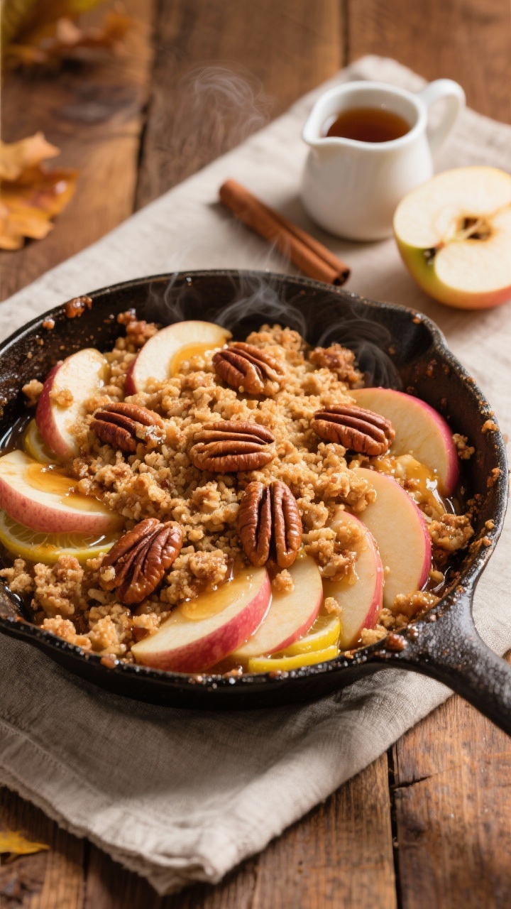 Overhead shot of a rustic skillet Maple-Pecan Apple Crisp with brown butter streusel: peeled Honeycrisp and Pink Lady apple slices tossed with lemon juice, pure maple syrup, coconut sugar, cinnamon, and a pinch of nutmeg beneath a craggy pecan-studded brown-butter crumb. Golden, bubbling edges, glossy maple sheen, toasted pecans on top. Set on a warm wood table with a small pitcher of maple syrup, a cinnamon stick, and an apple half; neutral linen for cozy fall mood. Professional, crisp detail emphasizing caramelized textures and steam.