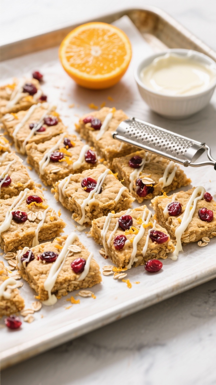 Overhead tray shot of cranberry-orange oatmeal cookie bars: golden, slightly chewy bars cut into neat rectangles, visible old-fashioned rolled oats, ruby dried cranberries, and orange zest speckles throughout; thin white chocolate drizzle crisscrossing the surface, with a zester, halved orange, and a small bowl of melted white chocolate nearby; styled on parchment over a baking sheet, bright, inviting daylight to emphasize texture and festive colors.