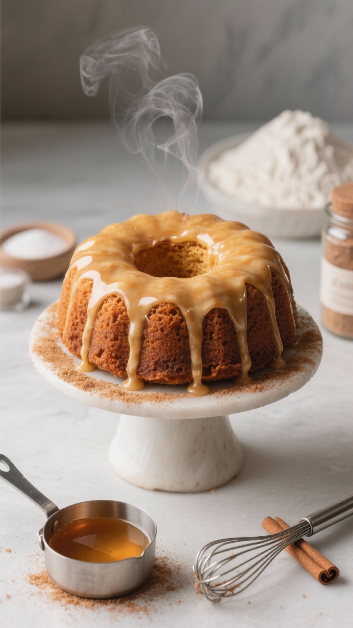 Straight-on hero shot of a cider-glazed apple cider donut cake on a pedestal: tall, ring-shaped cake with a tight crumb, coated in a shiny apple cider glaze that drips slowly down the sides; warm cinnamon-sugar dusting catching highlights; a small saucepan of reduced apple cider (from 1 1/2 cups down to 3/4 cup) and a whisk in the background; ingredients cues like flour, baking powder/soda, and a cinnamon jar subtly included; clean backdrop, sharp focus on glaze texture, steam subtly rising.