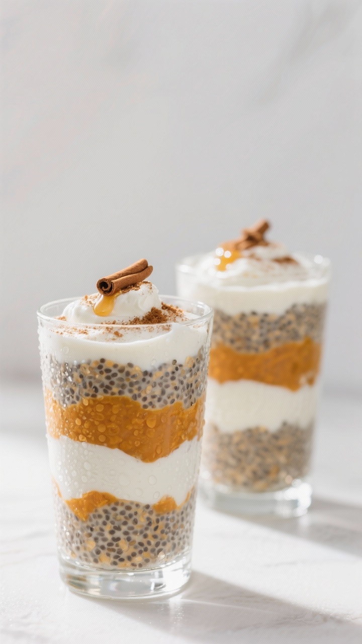 Straight-on layered parfaits in clear glasses: pumpkin spice chia pudding made with unsweetened almond milk, pumpkin purée, chia seeds, maple syrup, vanilla, and pumpkin pie spices, alternating layers with a dollop of coconut yogurt and a sprinkle of cinnamon on top, garnished with a tiny drizzle of maple syrup; cool, make-ahead refrigerator vibe with condensation on glass, clean white backdrop and soft morning light for a not-boring, modern presentation.