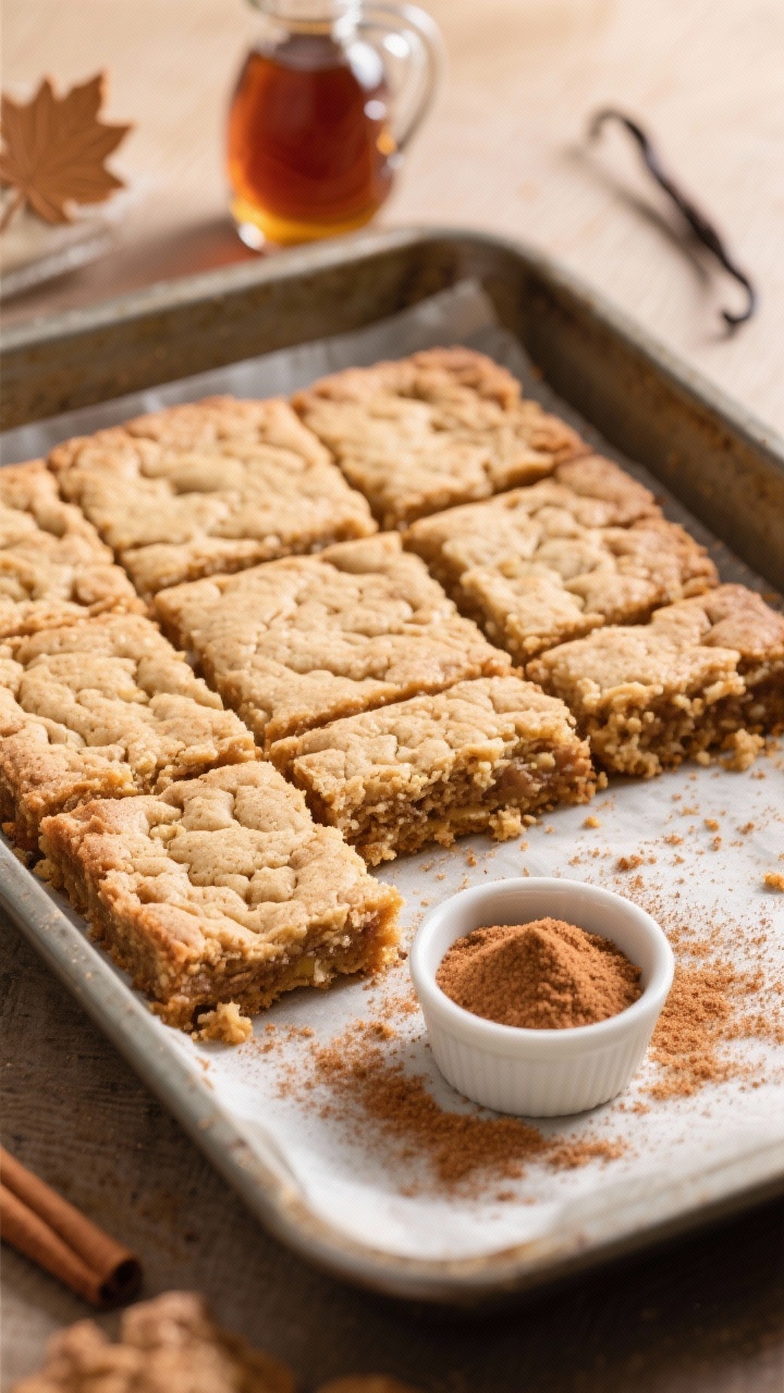 Straight-on pan shot of maple snickerdoodle cookie bars with a crackly cinnamon-sugar crust, cut into neat rectangles. The bars show a soft, chewy interior enriched with butter, granulated sugar, light brown sugar, and pure maple syrup; a tiny ramekin of cinnamon sugar is sprinkled across the surface. A maple syrup dripper and vanilla bottle in the background, warm bakery vibe, crisp crust texture contrasted with tender crumb, no people.