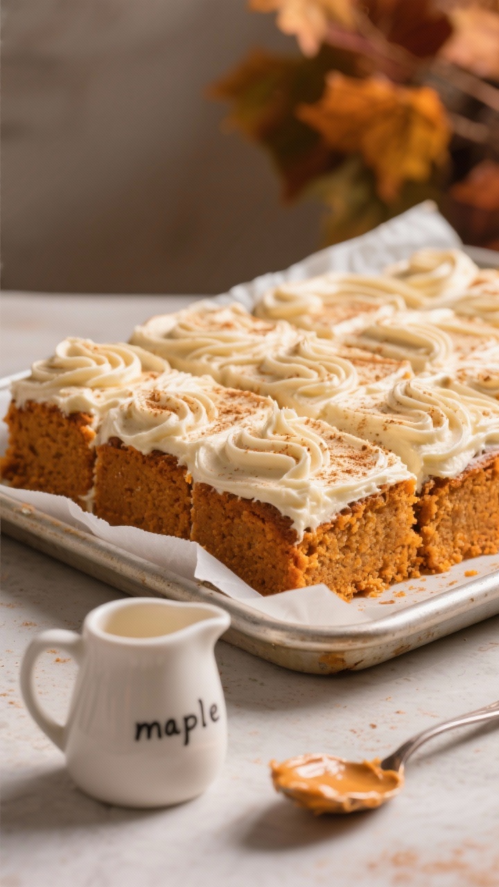 Straight-on, plated presentation of a pumpkin spice sheet cake cut into generous squares, ultra-moist crumb with warm orange hue, topped with thick swirls of maple cream cheese frosting and a light dusting of pumpkin spice. Cake rests on a parchment-lined sheet pan; in the foreground, a small pitcher labeled “maple” and a spoon with frosting swipe. Soft fall backdrop, cozy mood, shallow depth of field, focus on creamy frosting ribbons and spiced crumb.
