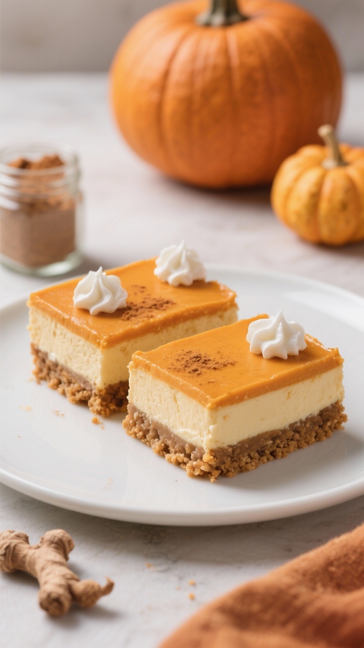 Straight-on plated presentation of Cozy Pumpkin Cheesecake Bars with a ginger cookie crust: clean square bars with defined layers—spiced ginger cookie base and velvety pumpkin cheesecake top—finished with a whisper of cinnamon and tiny dollops of whipped cream. Soft autumn backdrop with mini pumpkins and a jar of ground ginger. Cool, even light highlighting creamy texture and the crunchy crust; shallow depth of field for an elegant dessert display.