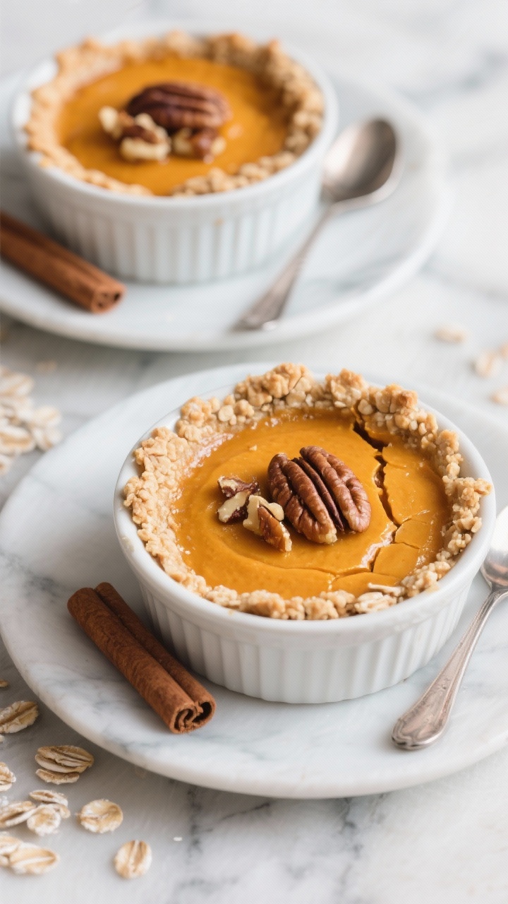 Straight-on plated ramekins: individual pumpkin custards baked to a silky set, topped with a crunchy spiced oat crust made from rolled oats, chopped pecans, maple syrup, melted butter (or coconut oil), and a pinch of salt; the custard made with pumpkin purée and eggs, subtle crack on the oat topping revealing creamy orange custard beneath; served on a marble surface with tiny spoons, a light dusting of cinnamon around, elegant no-crust pie vibes.
