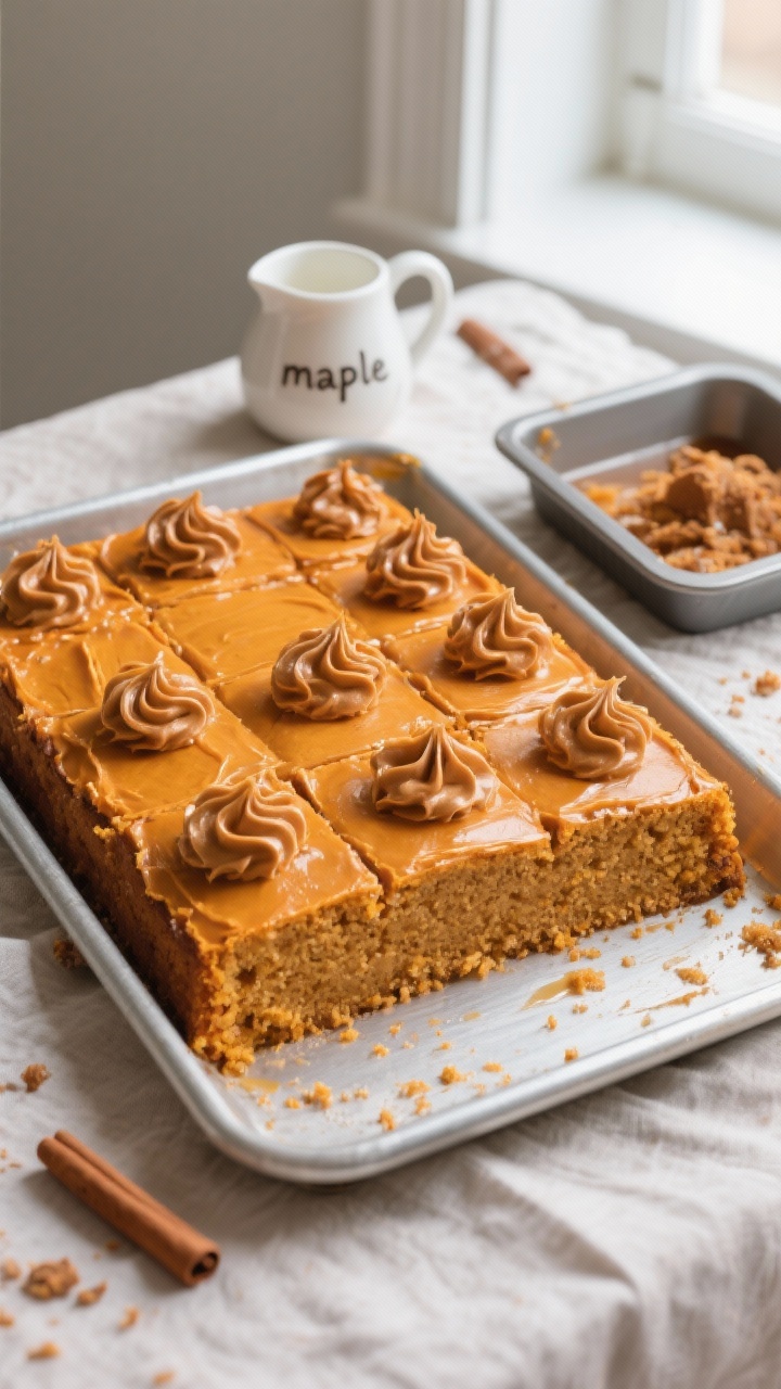 Straight-on shot of a pumpkin sheet cake in a metal sheet pan, cut into clean squares and topped with swoops of brown butter maple frosting: cake crumb moist and orange from pumpkin and warm spices (ground cinnamon), batter base of all-purpose flour, granulated sugar, brown sugar, baking powder, baking soda, kosher salt; a small pitcher labeled “maple” and a pan with browned butter milk solids beside it; soft window light, subtle crumbs on a linen, focus on glossy frosting texture and tender crumb.