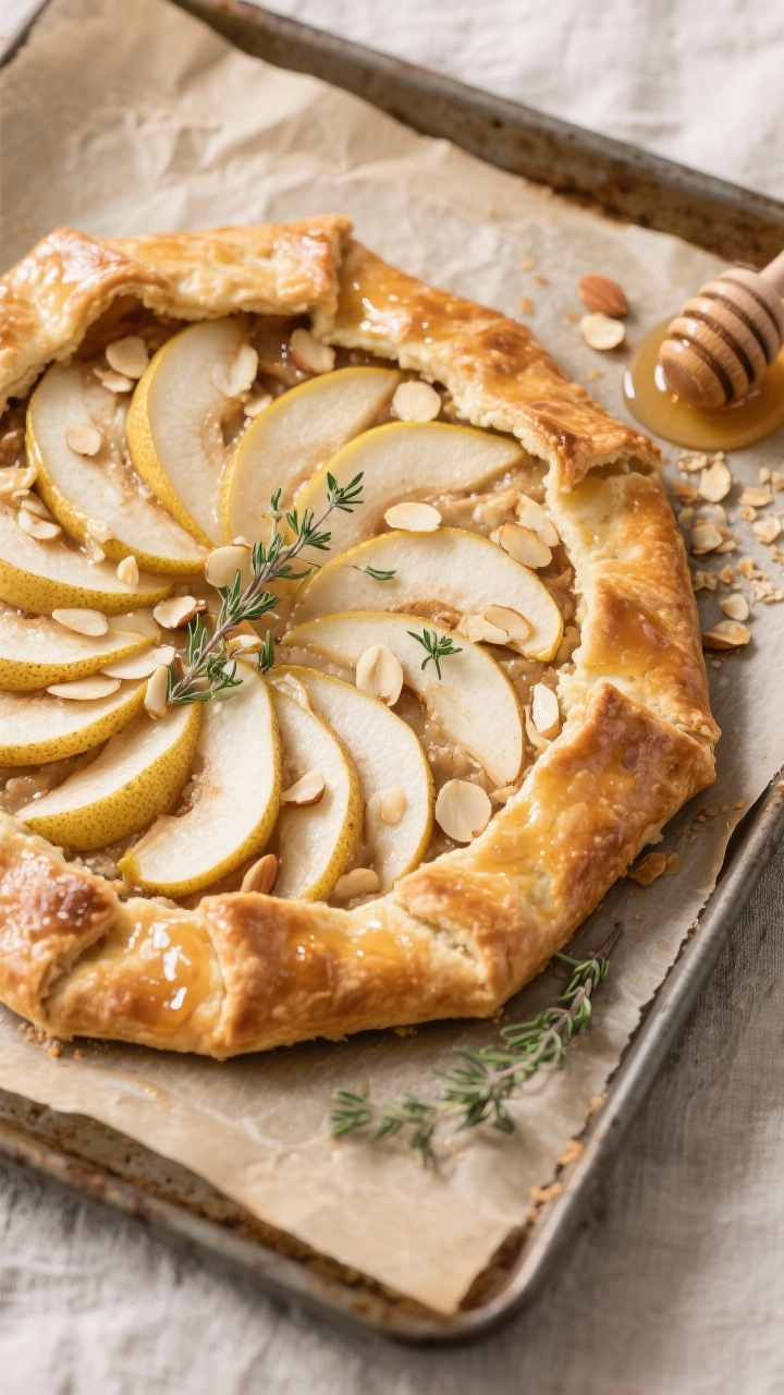 Straight-on shot of a rustic pear and almond galette on a parchment-lined baking sheet: fanned slices of ripe pears nestled over a frangipane-like almond filling, edges of the free-form crust folded and deeply golden; glossy honey-thyme glaze brushed over the pears with tiny thyme leaves visible, a light sprinkle of sliced almonds toasted on top; a honey dipper and fresh thyme sprigs nearby, crumbs on the sheet for authenticity, neutral linen backdrop highlighting warm, earthy colors.