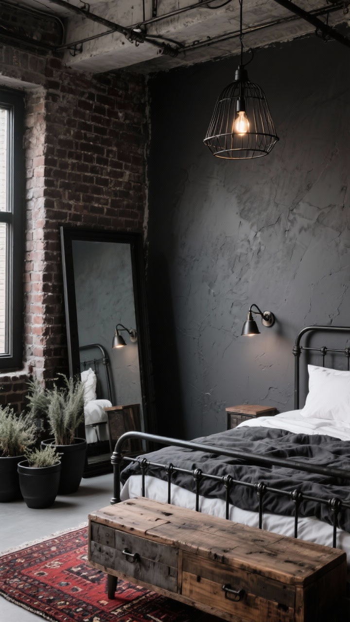 Detail closeup, angled low perspective: Industrial Charcoal Loft materials and lighting vignette. Focus on an iron-framed bed with crisp white sheets and a heavy charcoal duvet against a matte charcoal wall, with an adjacent exposed brick or deep graphite textured plaster section. Overhead, a caged pendant in black casts a warm industrial glow; adjustable metal sconces provide task light. Foreground includes the edge of a reclaimed wood dresser with visible grain and a flat-weave kilim rug in muted reds and charcoals. A large black-framed floor mirror reflects the brick texture, and a cluster of matte black planters with hardy greenery sits nearby. Emphasize iron, plaster, brick, and kilim textures. Photorealistic, urban cool.
