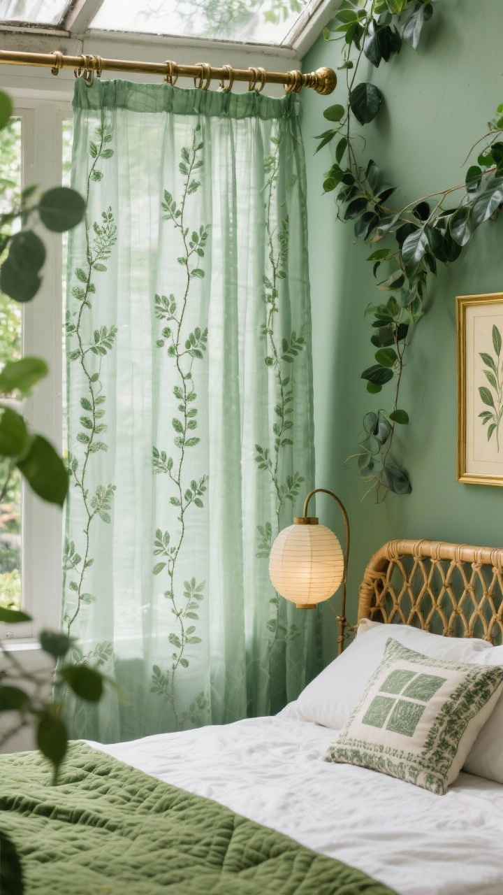 Detail closeup, Botanical Boho Greenhouse: focus on sage-green voile curtains with a subtle leaf print/embroidered vine detail, hung on an antique brass rod with simple finials, softly diffusing daylight; behind them, hints of muted eucalyptus green wall and trailing pothos leaves; in the foreground edge, a cane headboard corner with moss-colored quilt and ivory sheets plus a small block-printed pillow; a thin gold-framed vintage botanical print partially visible; textures of voile, cane, and quilt emphasized; soft, garden-party light like from a paper lantern; intimate angle, photorealistic.