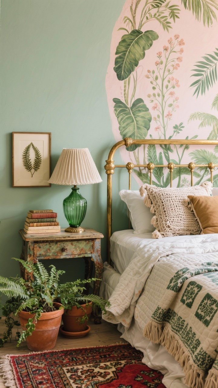 Detail closeup, Botanical Boho Sanctuary: a focused bedside vignette against soft sage wall with oversized botanical mural peeking in; vintage brass bed frame edge with layered cotton quilts, block-printed throw, tassel pillows, and crochet-edge shams; mismatched antique nightstand holding green glass lamp with pleated linen shade; pressed fern art and a small stack of vintage books; terracotta pots with trailing ivy and ferns; muted Persian rug in reds and greens visible at the bottom edge; palette of sage, moss, blush, antique brass; romantic, leafy, old-soul; photorealistic, shallow depth of field highlighting fabric textures and brass patina.