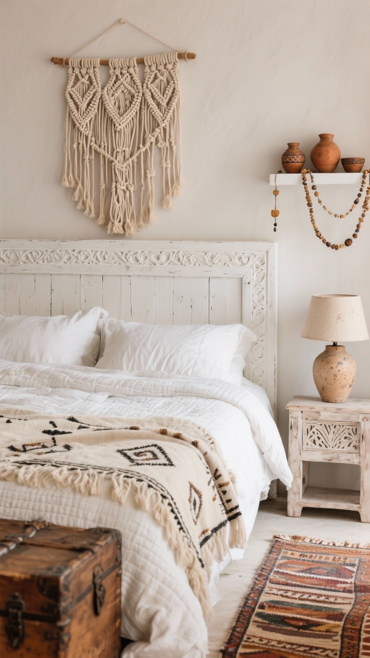 Detail closeup of a Global Artisan Retreat vignette: the upper portion of a whitewashed bed with layered quilts in bone and ivory, topped with a hand-loomed throw featuring subtle tribal motifs; behind the bed, a handmade macramé wall hanging acting as the headboard; edge of a carved white panel visible; to the side, a ceramic lamp with imperfect glazing on a light, distressed wood nightstand; the corner of a kilim-style runner peeking in at the bedside; a vintage wood trunk at the foot of the bed slightly blurred in the background; beaded garlands and small artisanal pottery on a floating shelf; palette of layered whites, soft camel, aged wood, muted terracotta; textures of macramé, woven cotton, carved wood, and ceramic; soft natural ambient light to emphasize texture, angled closeup.