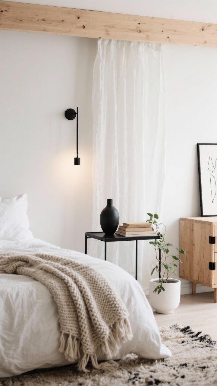 Detail closeup, Soft Scandinavian Boho Retreat: A serene, texture-forward vignette capturing the upper edge of a light ash wood bed with white sheer curtains drifting behind, stonewashed white bedding and a cotton-linen bedspread, plus a hand-knit throw draped at the foot. In frame: a slim black wall sconce casting soft, warm light; a minimalist black metal side table holding a black ceramic vase and a stack of neutral books; the edge of a nubbly wool rug. Background hints of warm white walls and a light oak dresser with black pulls; a single-line abstract drawing in a narrow black frame slightly blurred. One trailing plant in a white pot softens the scene. Soft, airy daylight; shallow depth of field to emphasize textures.