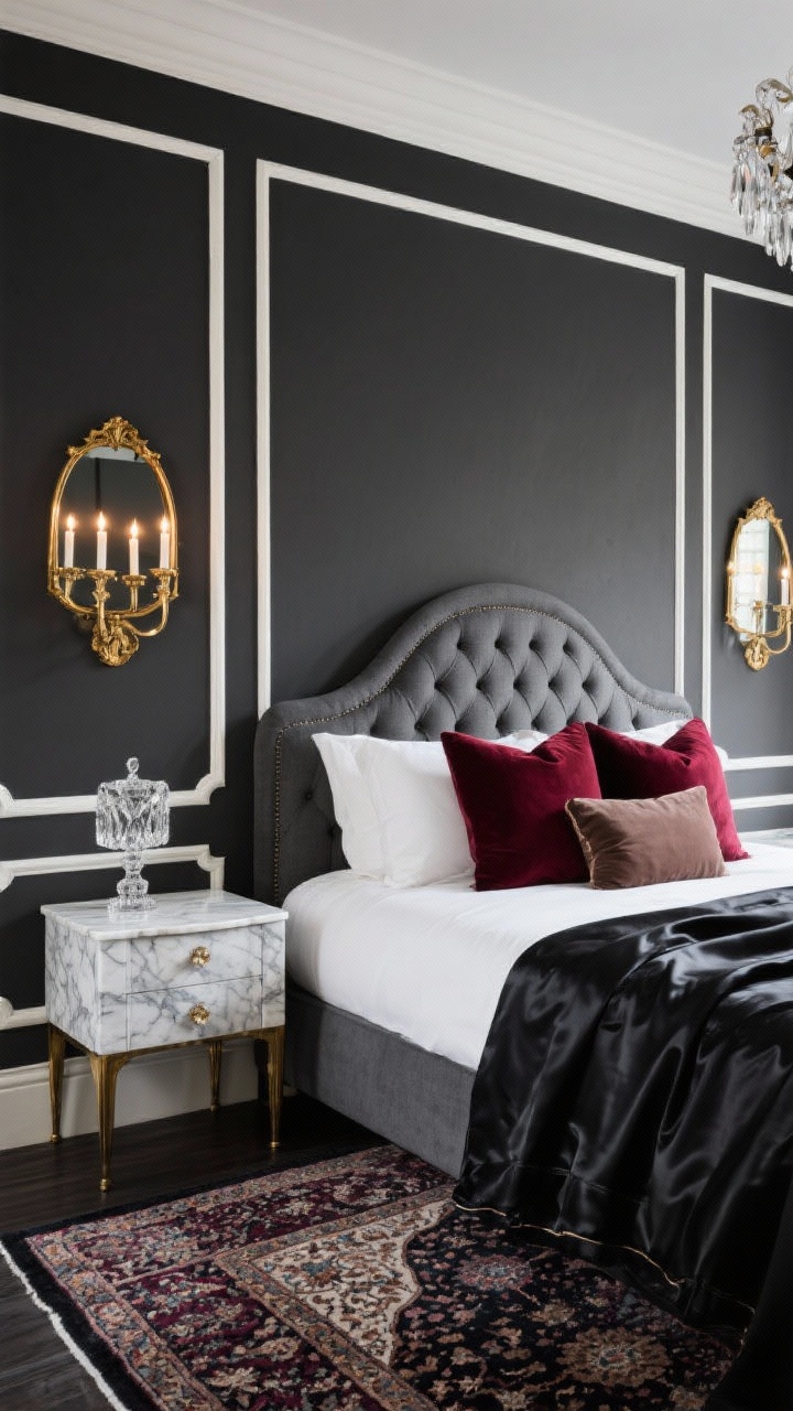 Detail closeup, straight-on crop: Parisian Charcoal Luxe vignette featuring charcoal walls with subtle molding and crisp white trim. A graphite tufted wingback headboard is framed by candle-style brass sconces casting warm light. On a petite marble-topped nightstand, show a corner of hotel-style white sheets and a black satin coverlet draped over the bed edge, with accent pillows in burgundy and taupe peeking in. In the soft-focus background, hints of a petite crystal chandelier and a low-pile Persian-style rug with charcoal and wine tones. Include a glint of a gilded mirror edge. Emphasize textures: satin, marble, crystal, painted molding; photorealistic, chic drama.