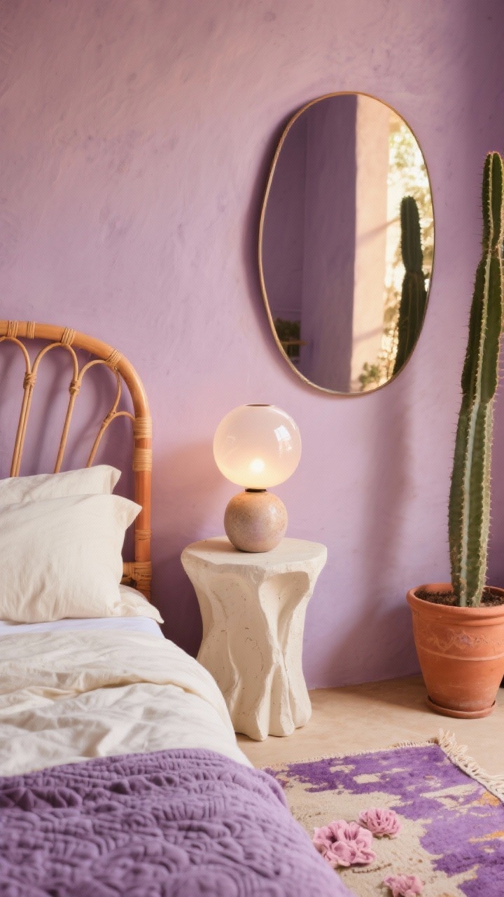 Detail closeup, straight-on vignette: Serene desert-boho bedside scene against muted orchid-blush walls. Curved cane headboard peeking into frame, creamy linen sheets, and lavender matelassé coverlet visible. Sculptural plaster nightstand topped with a ceramic bubble lamp glowing softly. In the background, a faded purple-and-rose rug with sun-kissed wear. Terracotta pot with a tall cactus partially in frame. A curved wall mirror catching and bouncing warm light. Palette: orchid, cream, terracotta, sand. Photorealistic, soft warm illumination with gentle texture emphasis.