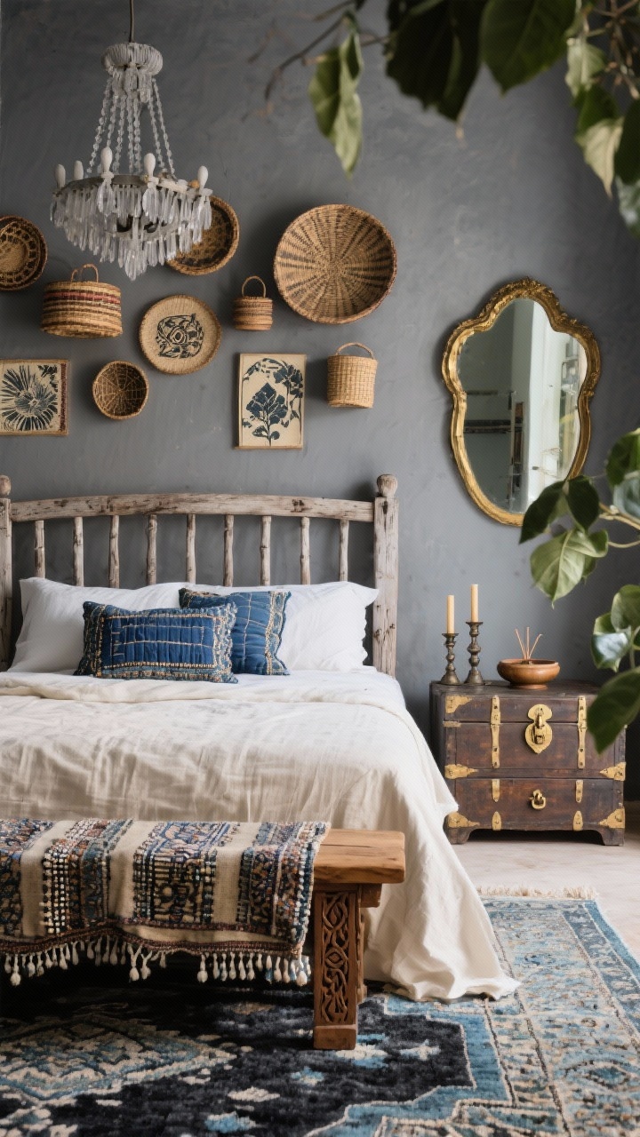 Detail closeup, Vintage Global: a smoky grey wall backdrop with a cropped view of a weathered wooden spindle bed layered in cream linen sheets, a faded indigo quilt, and kantha-stitched pillows; foreground shows a carved teak bench draped with a patterned textile at the foot of the bed; to one side, a mismatched nightstand scene with a brass-handled trunk and a vintage three-drawer piece; overdyed Persian rug in charcoal and blue underfoot; beaded chandelier with soft grey wash slightly out of focus above; wall gallery of woven baskets and hand-block prints partially visible; brass mirror edge, ceramic incense dish, and patinated candlesticks on the nightstand; trailing plant leaves entering frame; cozy, worldly mood; photorealistic.