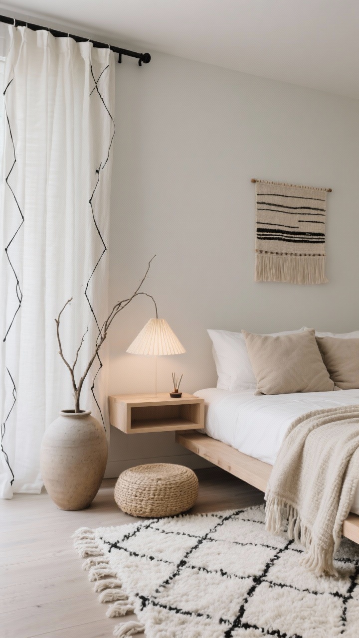 Medium/detail shot, Minimalist Boho Zen: serene vignette of off-white linen curtains with a thin black geometric stitch, tailored to just kiss the floor, hung on a sleek thin black rod with hidden hooks; soft greige walls; pale ash wood platform bed with crisp white bedding, a textured oatmeal throw, and two oversized lumbar pillows; floating nightstand with a paper rice lamp casting soft, diffuse light; thick ivory wool berber rug with black linework visible beneath; oversized ceramic vase with a single branch and a framed textile art piece on the wall; round jute ottoman and a small incense altar kept minimal; calm, balanced composition, straight-on view, photorealistic.