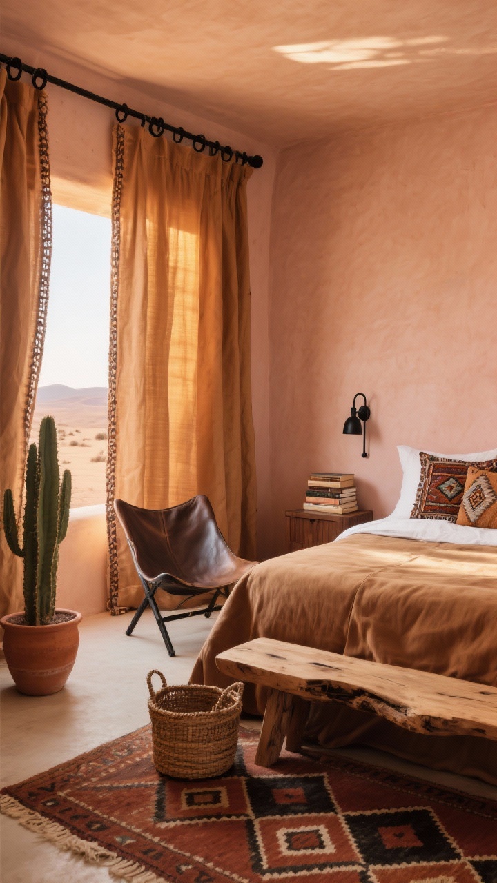 Medium shot, Desert Nomad Retreat: a warm bedroom corner bathed in honeyed golden-hour light filtered through camel-colored linen curtains with a hand-stitched border, slightly puddling on the floor, hung on a matte black curtain rod with clip rings; soft clay/adobe blush walls; bed with a suede-toned duvet and embroidered kilim pillows; live-edge wood bench at the foot; blackened metal sconces flanking the bed; leather sling chair and low walnut nightstand with a stack of travel-worn books; cactus in a terra-cotta pot and a vintage woven basket on the floor; warm-toned Moroccan-style rug with diamond motifs; palette of clay, umber, rust, charcoal, bone; straight-on view, photorealistic.