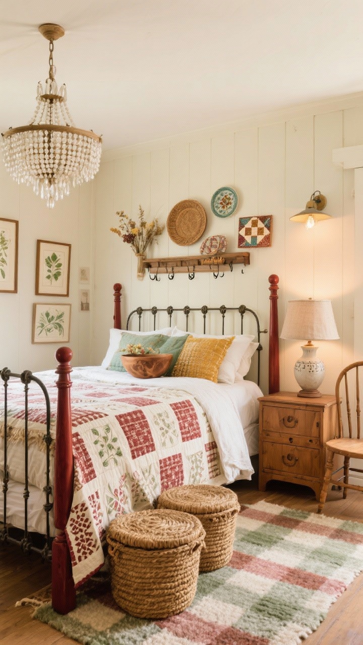Medium shot focusing on Heirloom Farmhouse with Boho Layers: four-poster cherry bed with a block-printed quilt and hand-stitched shams; buttermilk cream walls; checked wool rug underfoot; pie safe cabinet and spindle-back chair nearby; fluted oak nightstand topped with a ceramic lamp and linen shade; beaded chandelier overhead; palette of cream, cranberry, sage, muted mustard; decor details include framed botanical prints, dried florals, and carved wooden bowls; lidded seagrass baskets under the bed and iron wall hooks visible; wall-mounted plate rack displaying woven trays and mini quilts like art; warm, cozy ambient lighting, straight-on composition, photorealistic, no people.