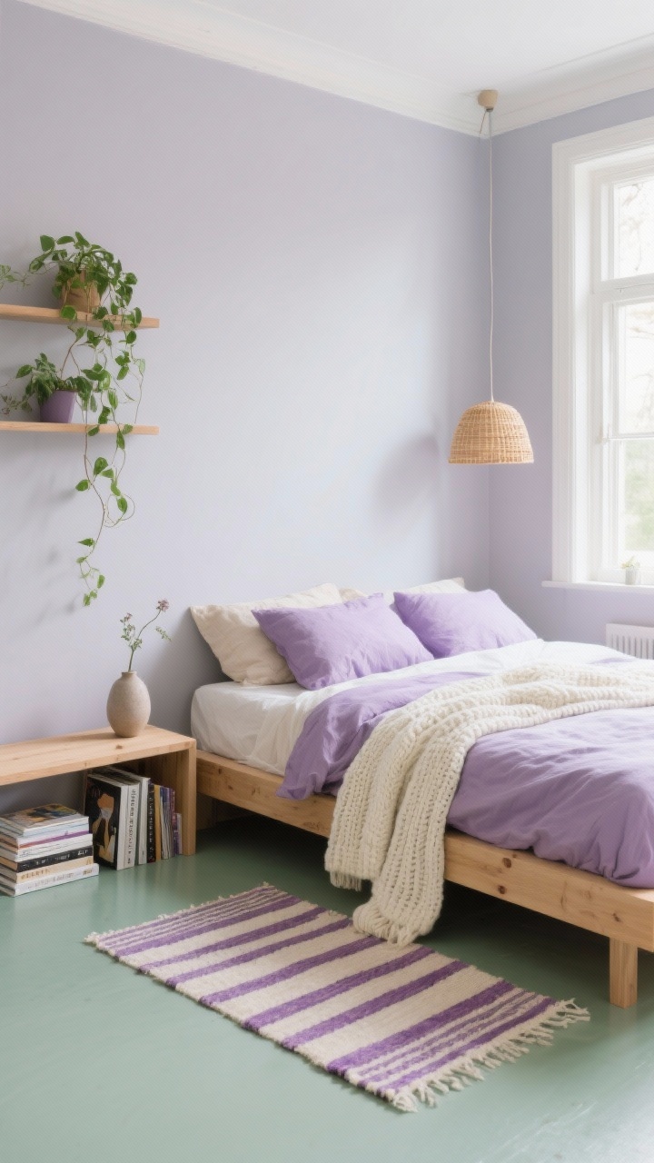 Medium shot from a bright corner angle: Airy Scandinavian-boho bedroom with pale lavender-gray misty walls. Clean-lined oak platform bed dressed in linen bedding in soft lilac and oatmeal, a chunky cream knit throw draped over the corner. Slim flatweave kilim rug with subtle purple stripes underfoot. Plants trailing from floating shelves on the wall, and a rattan pendant casting a soft, sun-warmed glow. A low bench at the foot of the bed with a small stack of art books and a ceramic bud vase. Palette: lavender, oat, natural wood, sage green. Photorealistic, daylight flooding in, calm and uncluttered.