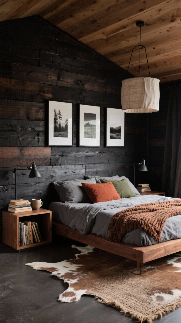 Medium shot from a corner angle: Modern Cabin Noir bedroom wall clad in charred wood shiplap with a natural oak ceiling. A simple warm walnut platform bed has stone-gray linen duvet, a chunky knit throw, and pillows in rust and olive. Cube nightstands with open storage display a stack of worn novels and a ceramic mug. Cozy, low lighting: a linen drum pendant overhead and iron swing-arm lamps for reading. The floor shows a mottled cowhide or flat-woven jute rug. A trio of black-and-white landscape photos in thin black frames aligns on the wall. Palette of espresso brown, walnut, stone gray, rust, and olive. Photorealistic, minimal and moody cabin vibe.