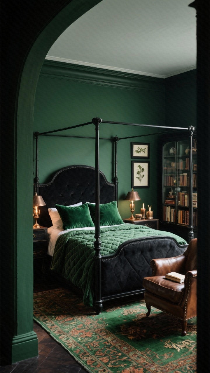 Medium shot from doorway angle: Gothic Green Sanctuary with walls in deep blackened forest green and a slightly lighter ceiling. A matte black four-poster bed dressed in moss-green flannel sheets, a quilted black coverlet, and two emerald velvet pillows. Vintage bronze candlestick lamps glow warmly on bedside tables. A leather club chair in the corner for reading. A glass-front cabinet displays stacks of books and curios. On the floor, an oriental rug with green and rust notes. Dried botanical prints and a small black-framed gallery wall unify the space. Textures: flannel, leather, velvet, aged metal. Photorealistic, moody library vibe.