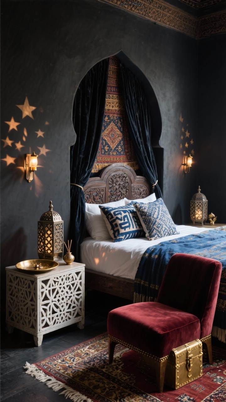 Medium shot, Moody Global Nomad Retreat: a dramatic bedroom corner with deep charcoal walls, carved dark wood bed featuring a tall arched headboard inspired by Moroccan architecture; layered textiles including an indigo mud cloth throw, block-printed pillows, and a vintage Persian rug underfoot; bone-inlay nightstand topped with hammered brass trays and an incense burner; pierced metal lanterns casting starry shadow patterns on walls, plus dimmable sconces; a velvet low-slung lounge chair in oxblood near a brass-trimmed trunk at the foot of the bed; a statement tapestry above the headboard; heavy velvet curtains puddling softly; palette of charcoal, indigo, oxblood, antique gold; intimate, layered, worldly; photorealistic straight-on view capturing lighting shadows.