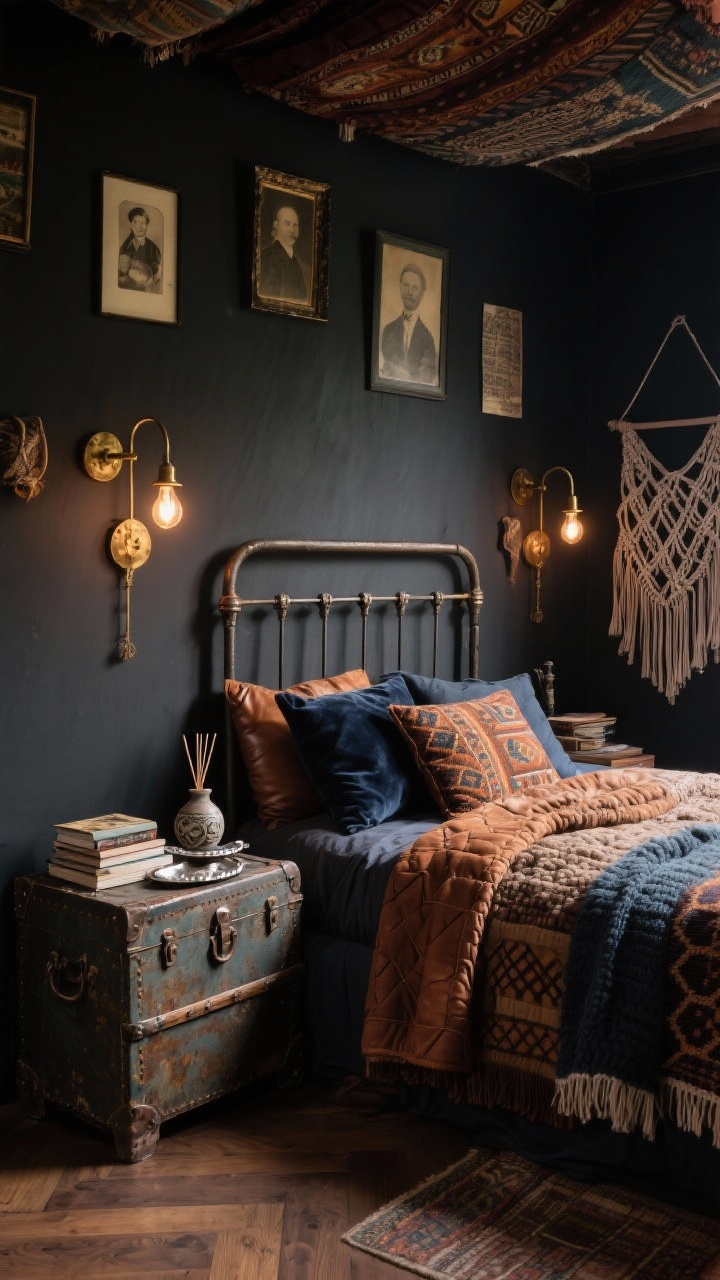 Medium shot of a Moody Vintage Nomad vignette: deep charcoal walls behind a weathered iron bed layered with chunky knit blankets and patterned quilts in tobacco leather, cinnamon, and ink blue tones; antique trunk used as a nightstand with tarnished silver tray, stacked travel books, and a ceramic incense holder; mismatched brass sconces with Edison bulbs providing a low, warm glow; a slice of the ceiling-high gallery wall featuring vintage portraits and textiles; dark wood floors grounding the scene; add batik pillows, velvet throw, and a macramé wall hanging to emphasize texture-rich, moody, collected energy, straight-on view, photorealistic, no people.