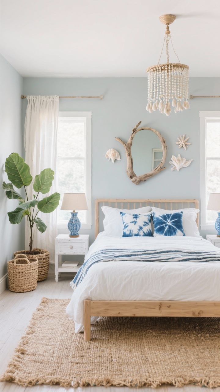 Medium shot, straight-on: A coastal-boho bedroom with pale mist gray/sea-salt walls and a light oak bed frame with clean lines; crisp white bedding layered with indigo shibori pillows and a striped throw; airy linen curtain panels filtering soft seaside light; woven seagrass rug grounding the space; whitewashed nightstands topped with blue ceramic lamps; a beaded chandelier overhead; subtle shell/coral-inspired accents and a driftwood mirror; a fiddle leaf fig in a woven planter and rattan basket storage nearby. Photorealistic, bright, breezy, calm.