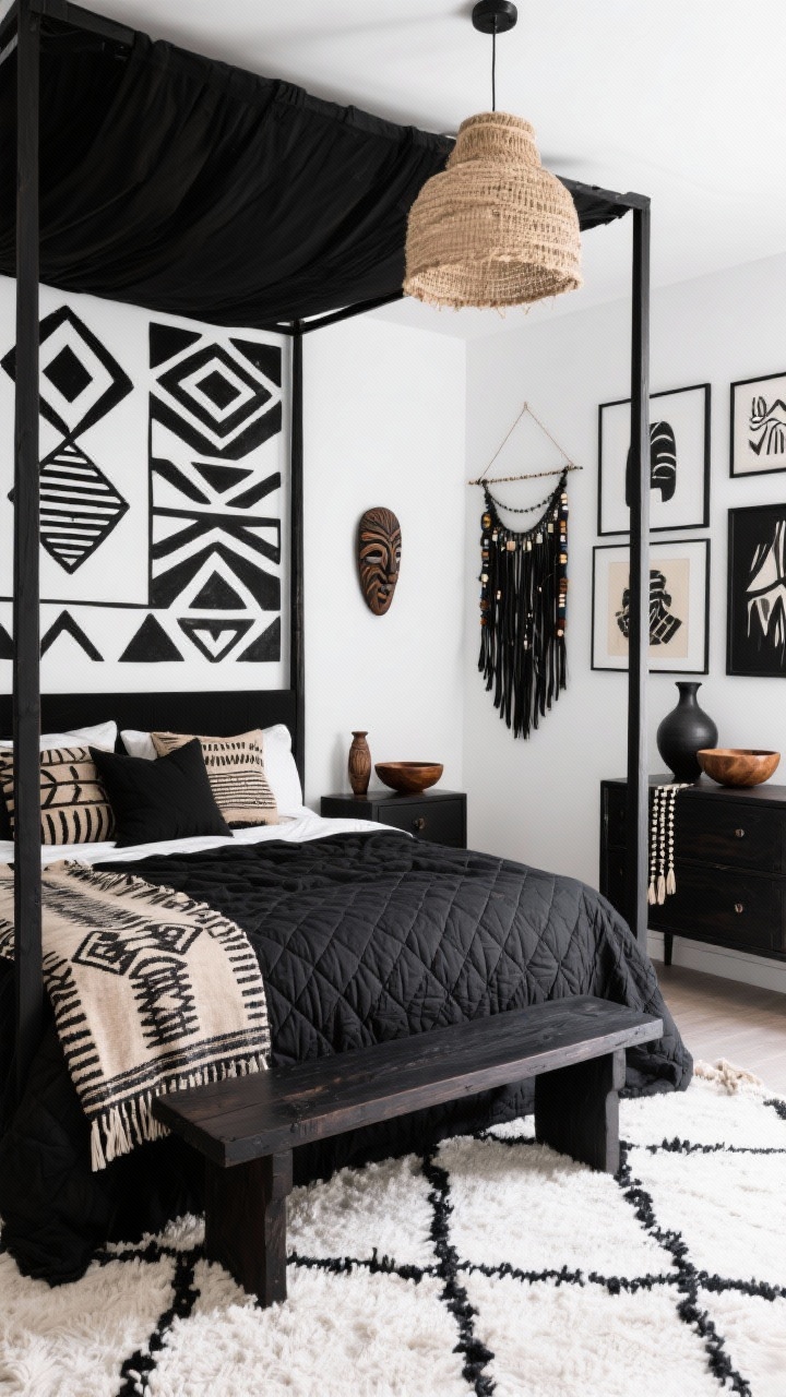 Medium shot, Tribal Textures & Graphic Drama: A bold, high-contrast corner of a matte-white bedroom featuring a statement black canopy bed dressed with a black quilt, piled with mudcloth pillows and a patterned throw. Grounded by a plush Beni Ourain–style rug (white with chunky black lines), with an ebony-stained wood bench at the foot and a matching dresser in view. On the wall, temporary black geometric decals form an accent pattern; layered black frames contain abstract prints alongside mounted tribal masks. Accessories include carved wooden bowls, black clay vessels, and beaded tassels on the dresser. Natural jute pendant overhead provides texture; monochrome fringe wall hanging adjacent. Crisp, controlled lighting with gentle contrast; angled corner perspective.